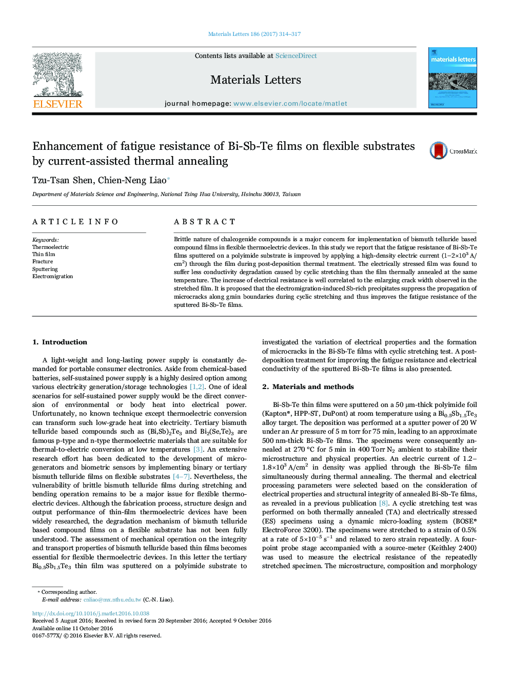 Enhancement of fatigue resistance of Bi-Sb-Te films on flexible substrates by current-assisted thermal annealing