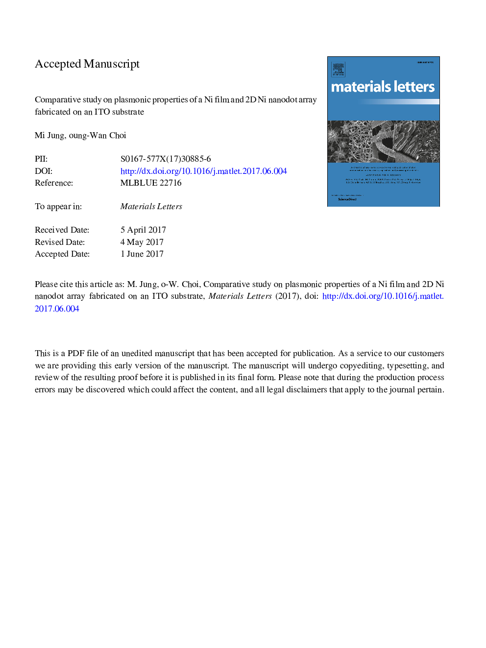 Comparative study on plasmonic properties of a Ni film and 2D Ni nanodot array fabricated on an ITO substrate