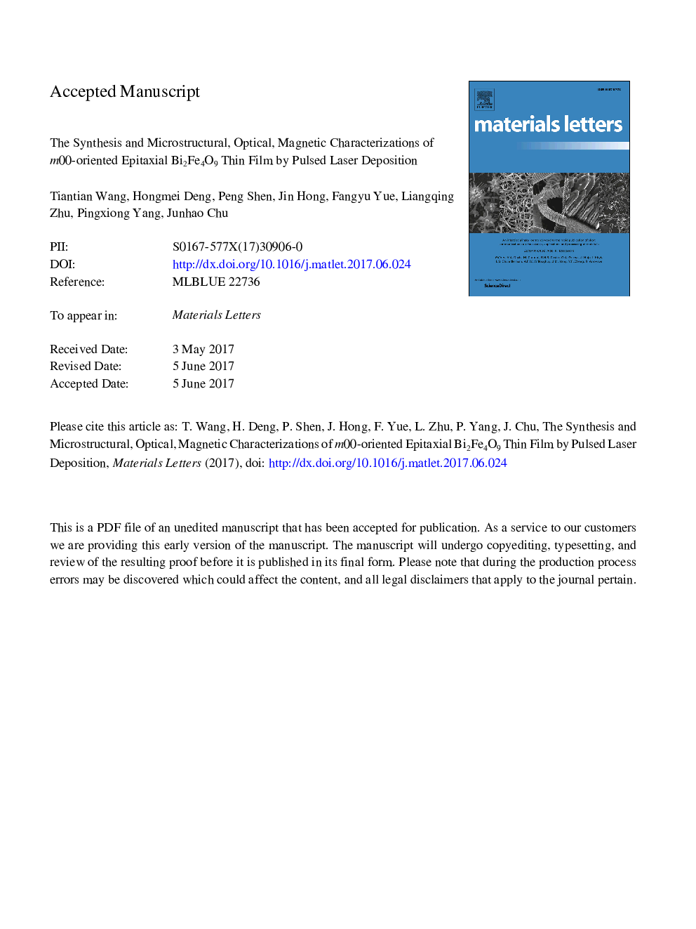 The synthesis and microstructural, optical, magnetic characterizations of mÂ 0Â 0-oriented epitaxial Bi2Fe4O9 thin film by pulsed laser deposition