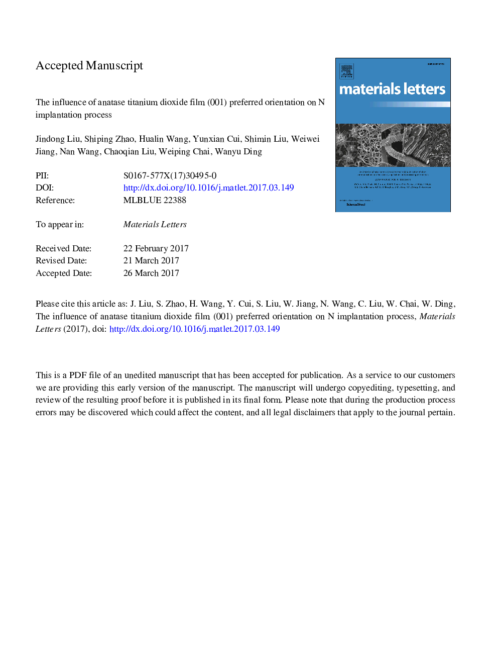 The influence of anatase titanium dioxide film (0Â 0Â 1) preferred orientation on N implantation process