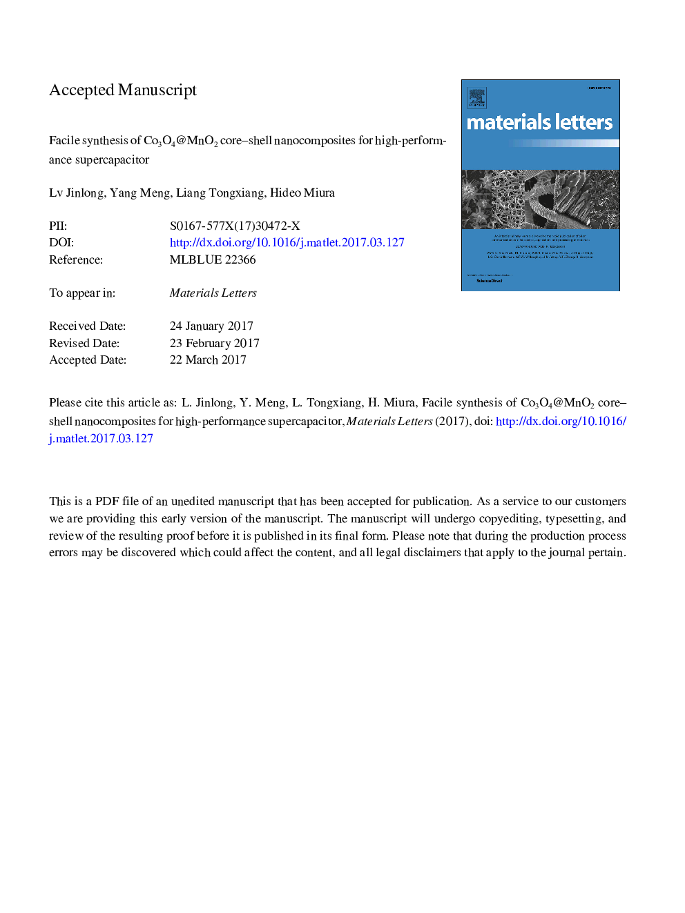 Facile synthesis of Co3O4@MnO2 core-shell nanocomposites for high-performance supercapacitor