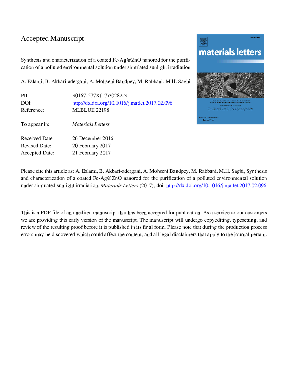 Synthesis and characterization of a coated Fe-Ag@ZnO nanorod for the purification of a polluted environmental solution under simulated sunlight irradiation