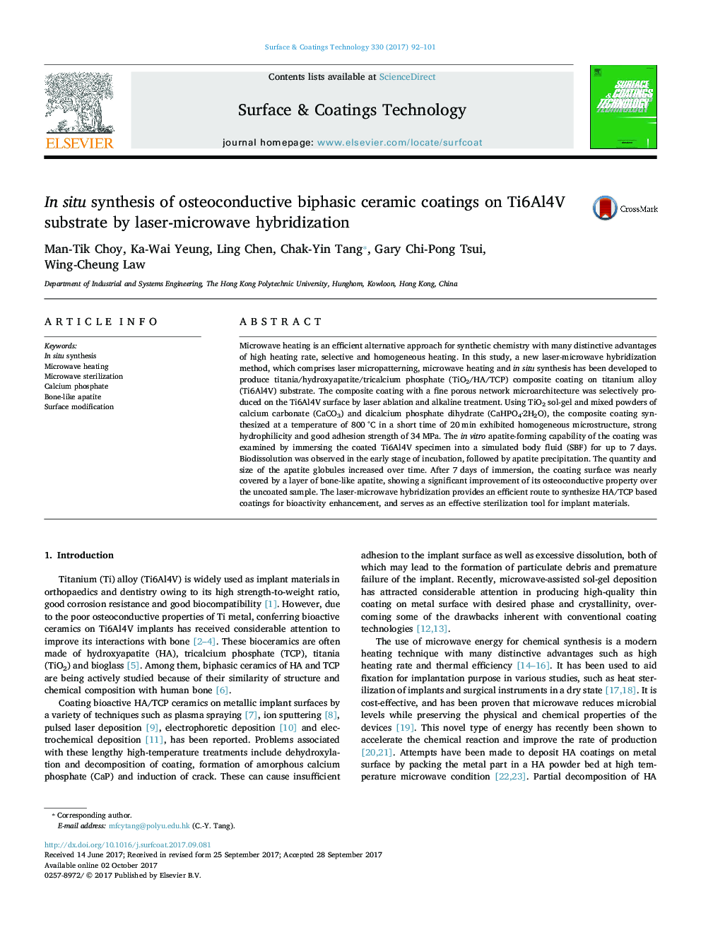 In situ synthesis of osteoconductive biphasic ceramic coatings on Ti6Al4V substrate by laser-microwave hybridization