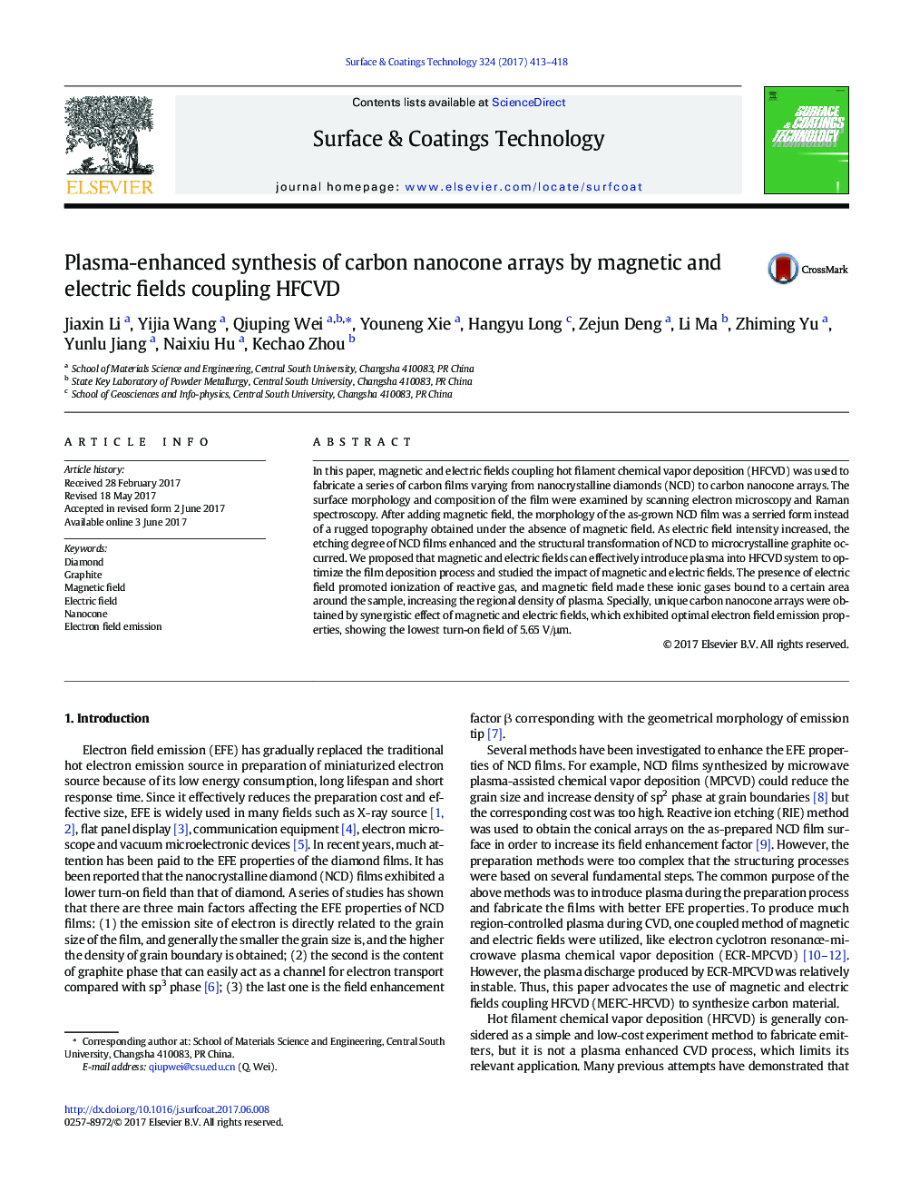 Plasma-enhanced synthesis of carbon nanocone arrays by magnetic and electric fields coupling HFCVD