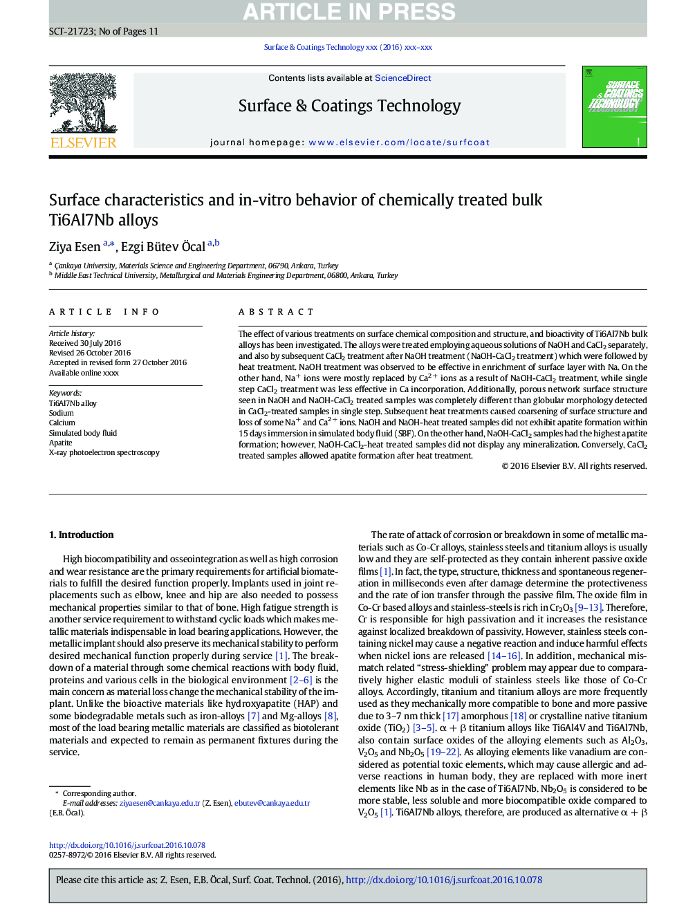 Surface characteristics and in-vitro behavior of chemically treated bulk Ti6Al7Nb alloys