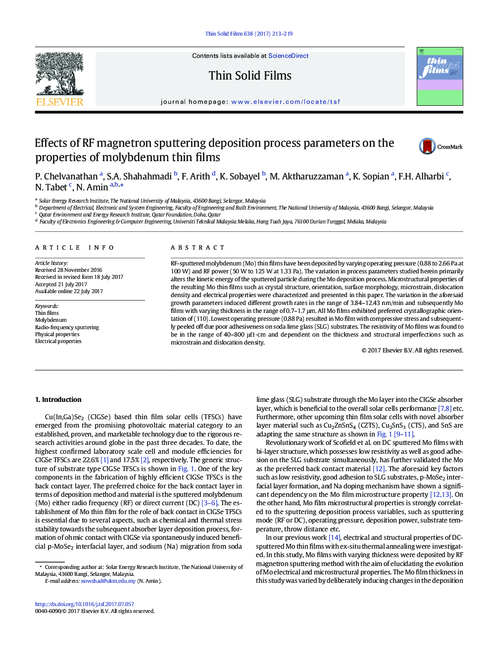 تاثیر پارامترهای فرآیند پارامتر اسپکترومغناطیسی مگنترون در خواص نازک مولیبدن 