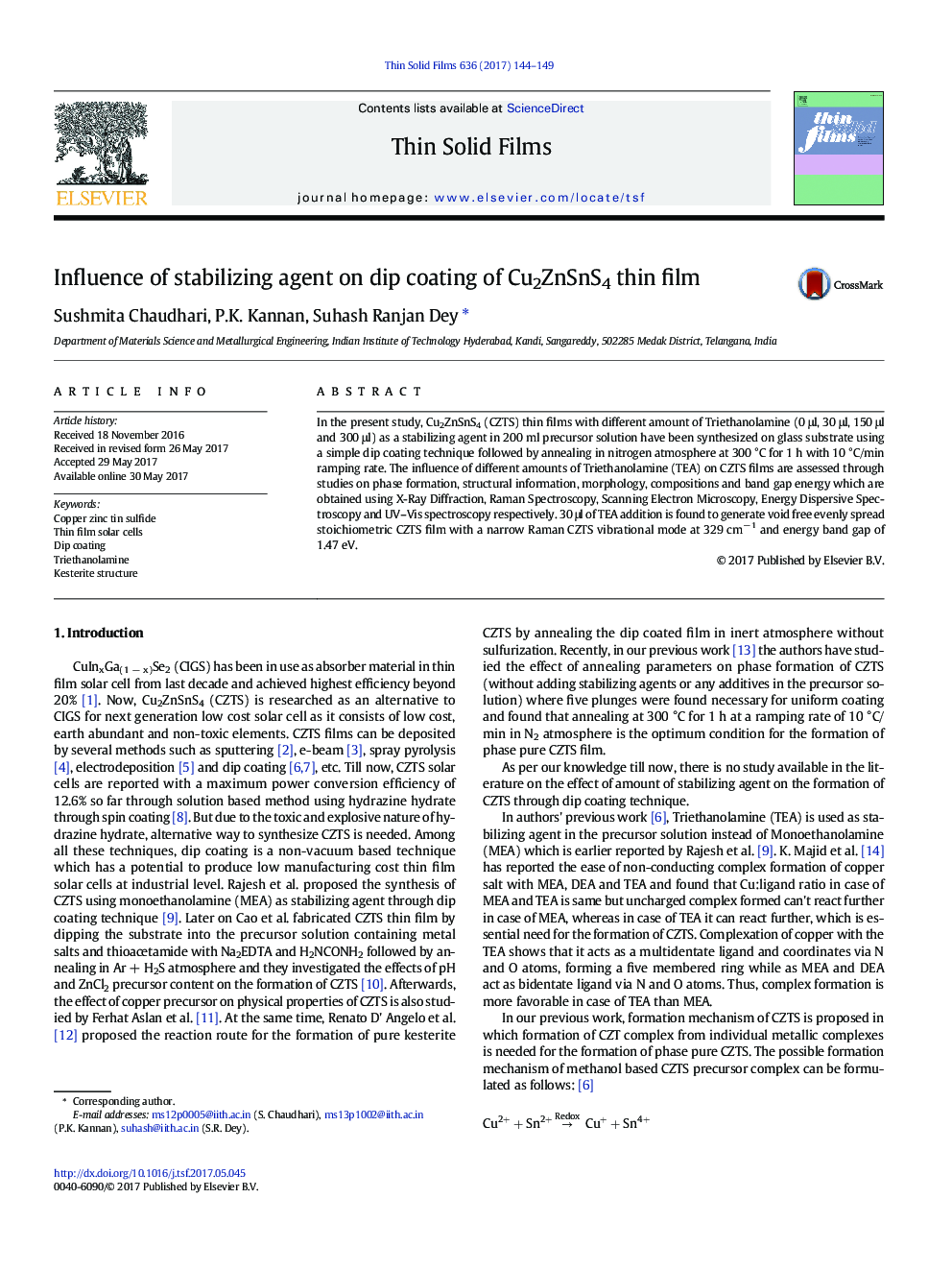 Influence of stabilizing agent on dip coating of Cu2ZnSnS4 thin film