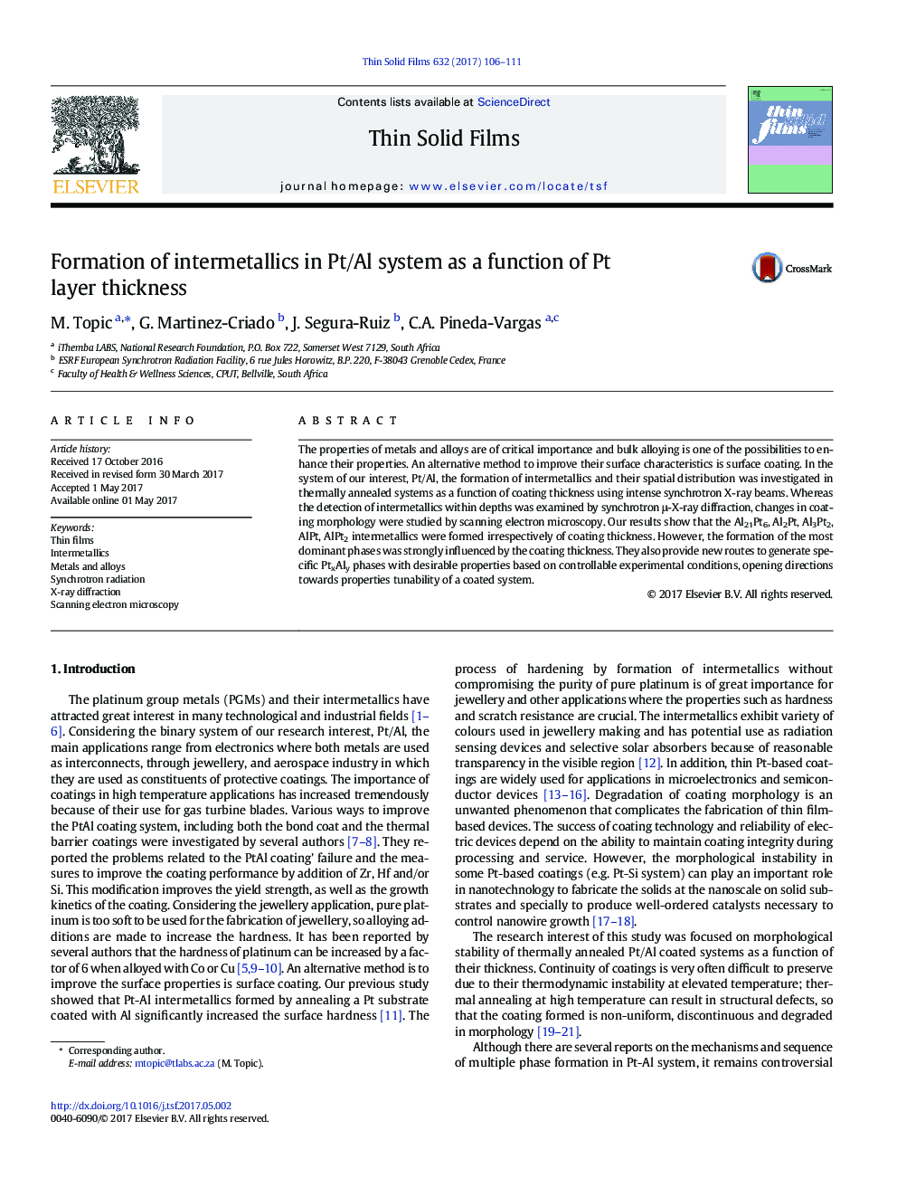 Formation of intermetallics in Pt/Al system as a function of Pt layer thickness