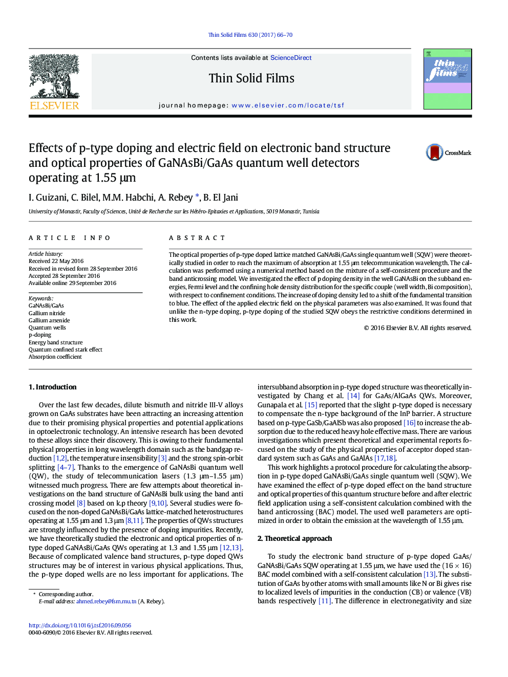 Effects of p-type doping and electric field on electronic band structure and optical properties of GaNAsBi/GaAs quantum well detectors operating at 1.55Â Î¼m