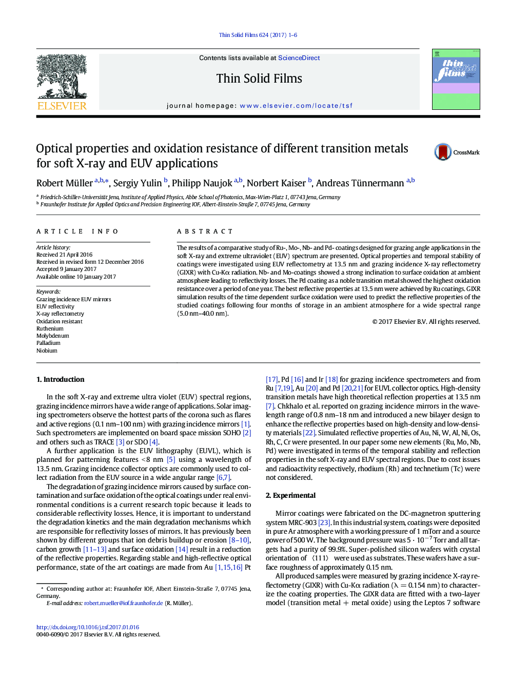 Optical properties and oxidation resistance of different transition metals for soft X-ray and EUV applications