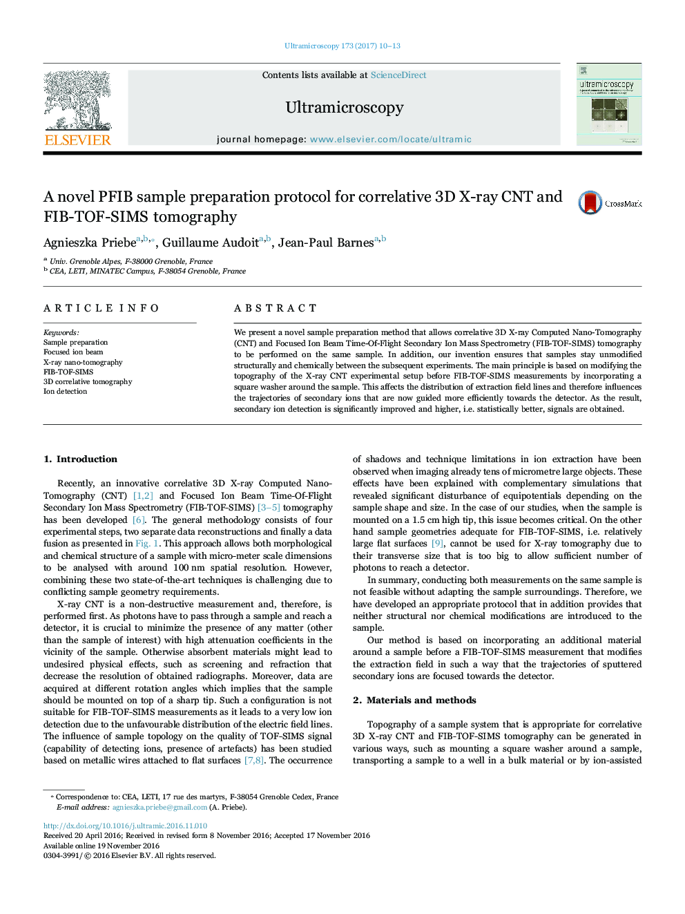 A novel PFIB sample preparation protocol for correlative 3D X-ray CNT and FIB-TOF-SIMS tomography