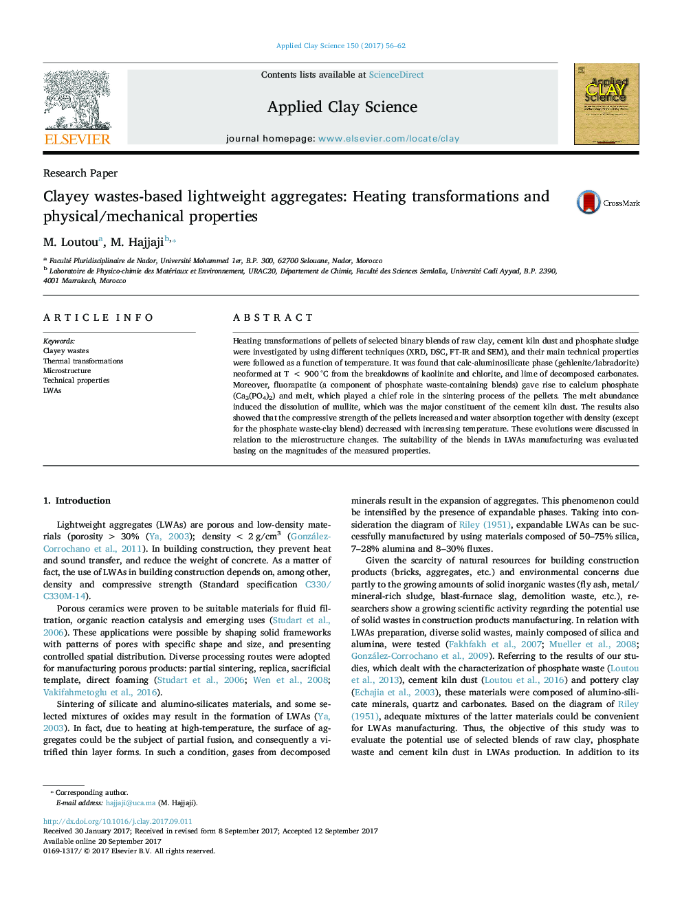 Research PaperClayey wastes-based lightweight aggregates: Heating transformations and physical/mechanical properties