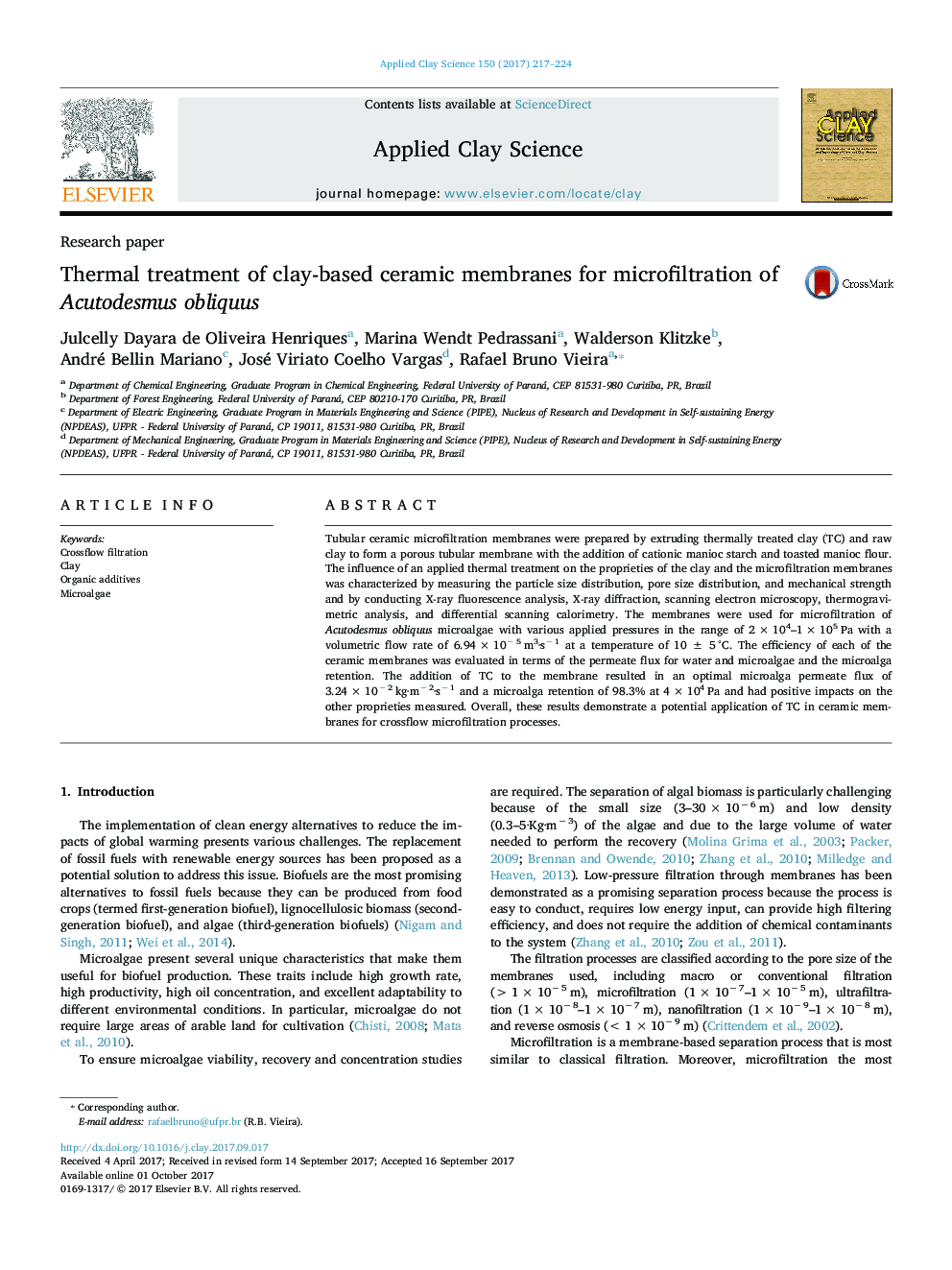 مقاله پژوهشی استفاده از تراشه های غشای سرامیکی بر پایه رس در میکرو فیلتر کردن Acutodesmus obliquus