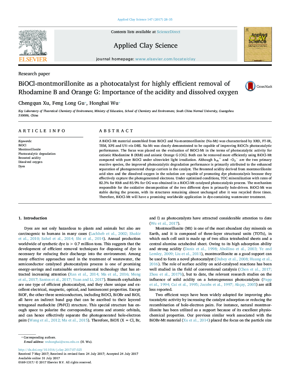 Research paperBiOCl-montmorillonite as a photocatalyst for highly efficient removal of Rhodamine B and Orange G: Importance of the acidity and dissolved oxygen