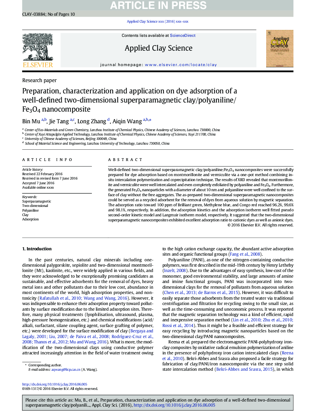 Preparation, characterization and application on dye adsorption of a well-defined two-dimensional superparamagnetic clay/polyaniline/Fe3O4 nanocomposite