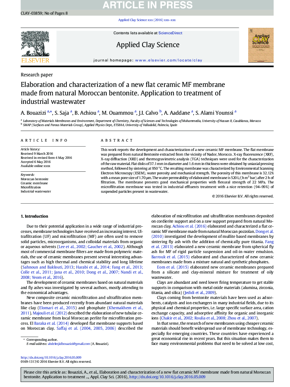 Elaboration and characterization of a new flat ceramic MF membrane made from natural Moroccan bentonite. Application to treatment of industrial wastewater