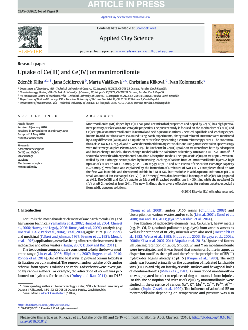 Uptake of Ce(III) and Ce(IV) on montmorillonite