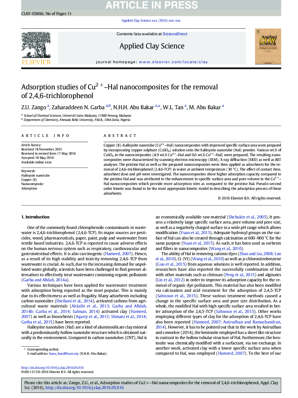 Adsorption studies of Cu2Â +-Hal nanocomposites for the removal of 2,4,6-trichlorophenol