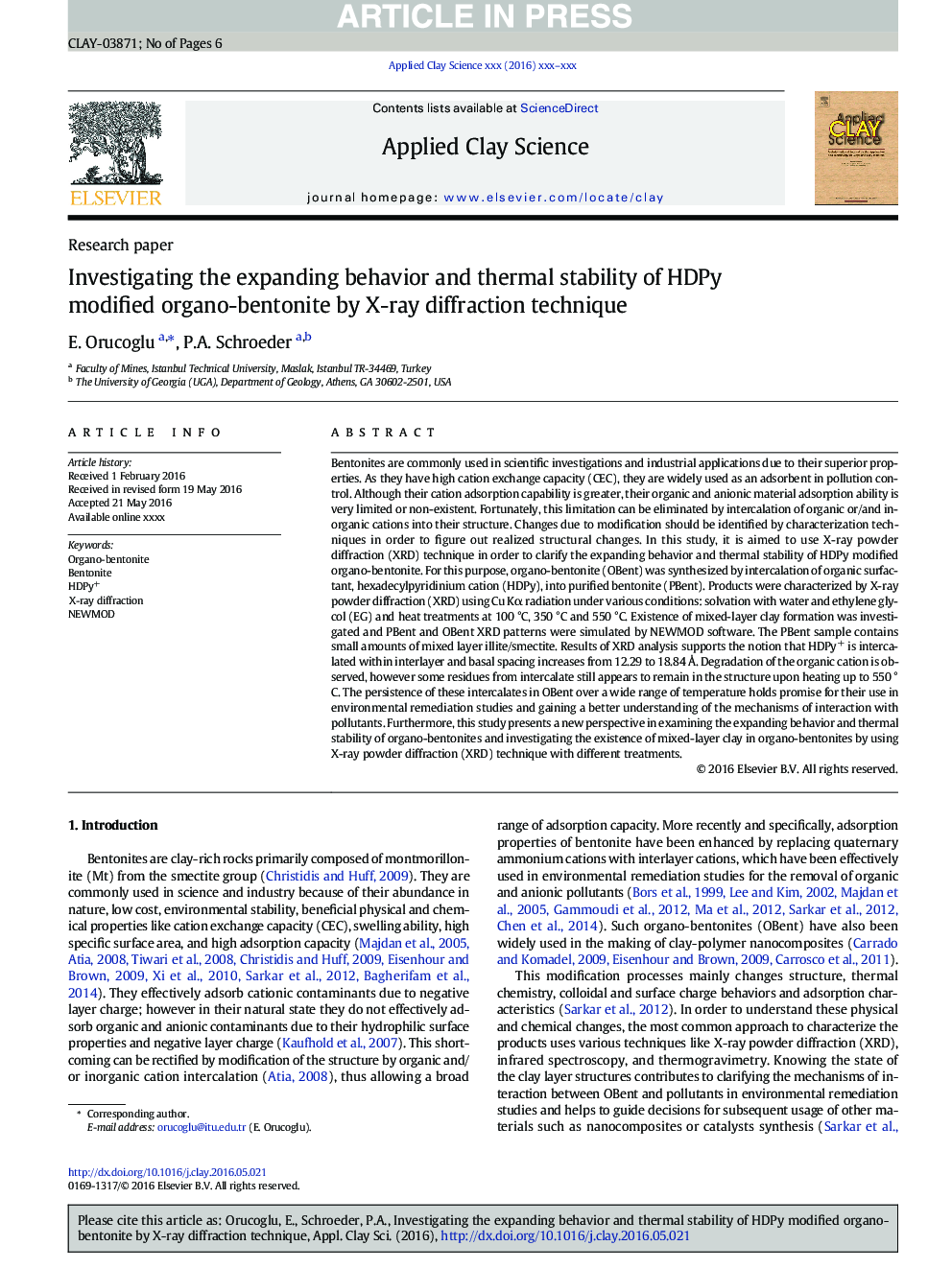 Investigating the expanding behavior and thermal stability of HDPy modified organo-bentonite by X-ray diffraction technique