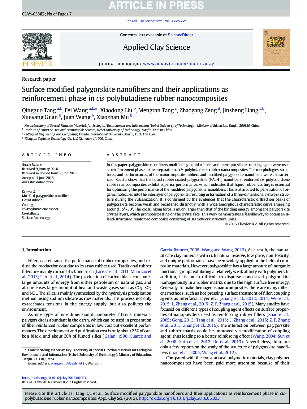 Surface modified palygorskite nanofibers and their applications as reinforcement phase in cis-polybutadiene rubber nanocomposites