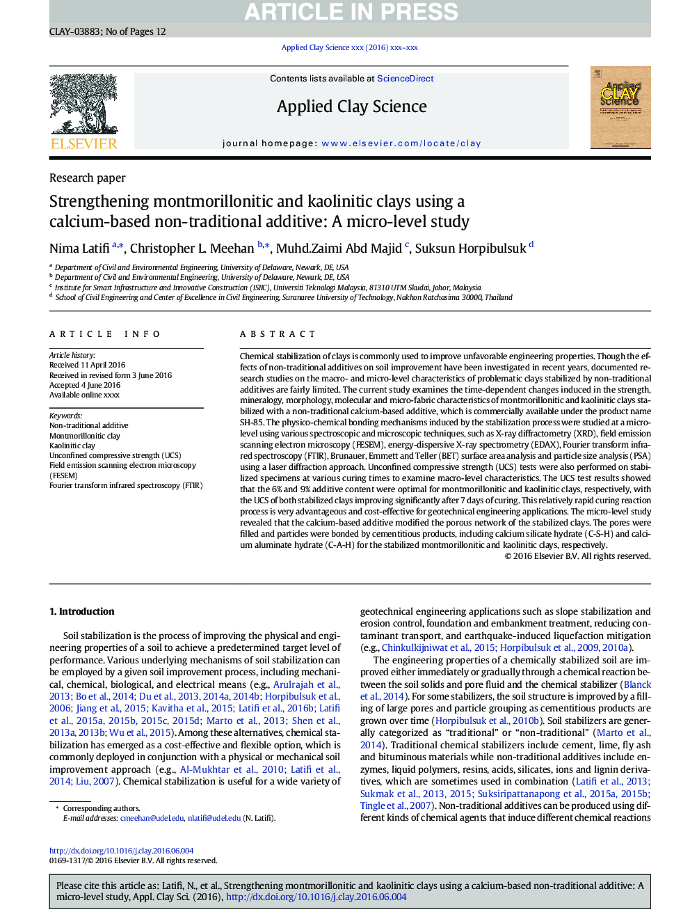 تقویت رسوبات مونتموریلونیتی و کائولینیتی با استفاده از یک افزودنی غیر سنتی مبتنی بر کلسیم: یک مطالعه در سطح میکرو 