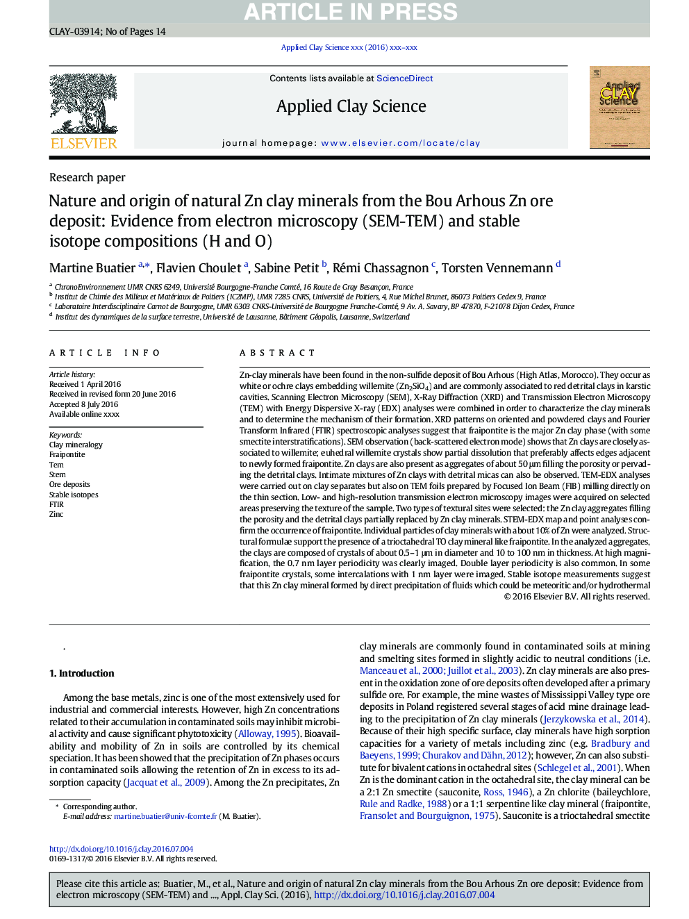 Nature and origin of natural Zn clay minerals from the Bou Arhous Zn ore deposit: Evidence from electron microscopy (SEM-TEM) and stable isotope compositions (H and O)