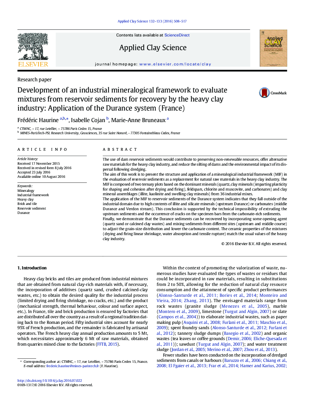 Development of an industrial mineralogical framework to evaluate mixtures from reservoir sediments for recovery by the heavy clay industry: Application of the Durance system (France)