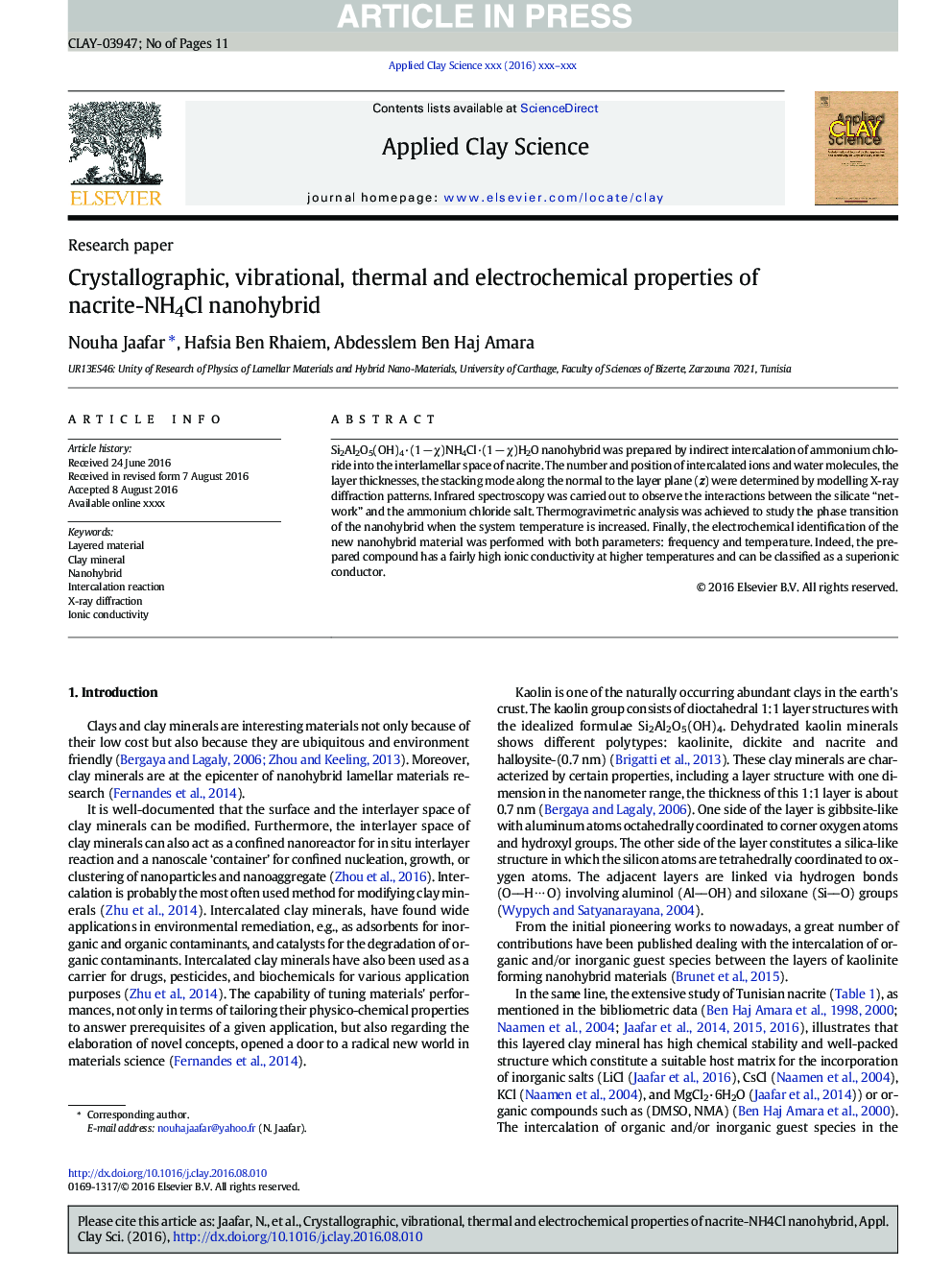 Crystallographic, vibrational, thermal and electrochemical properties of nacrite-NH4Cl nanohybrid