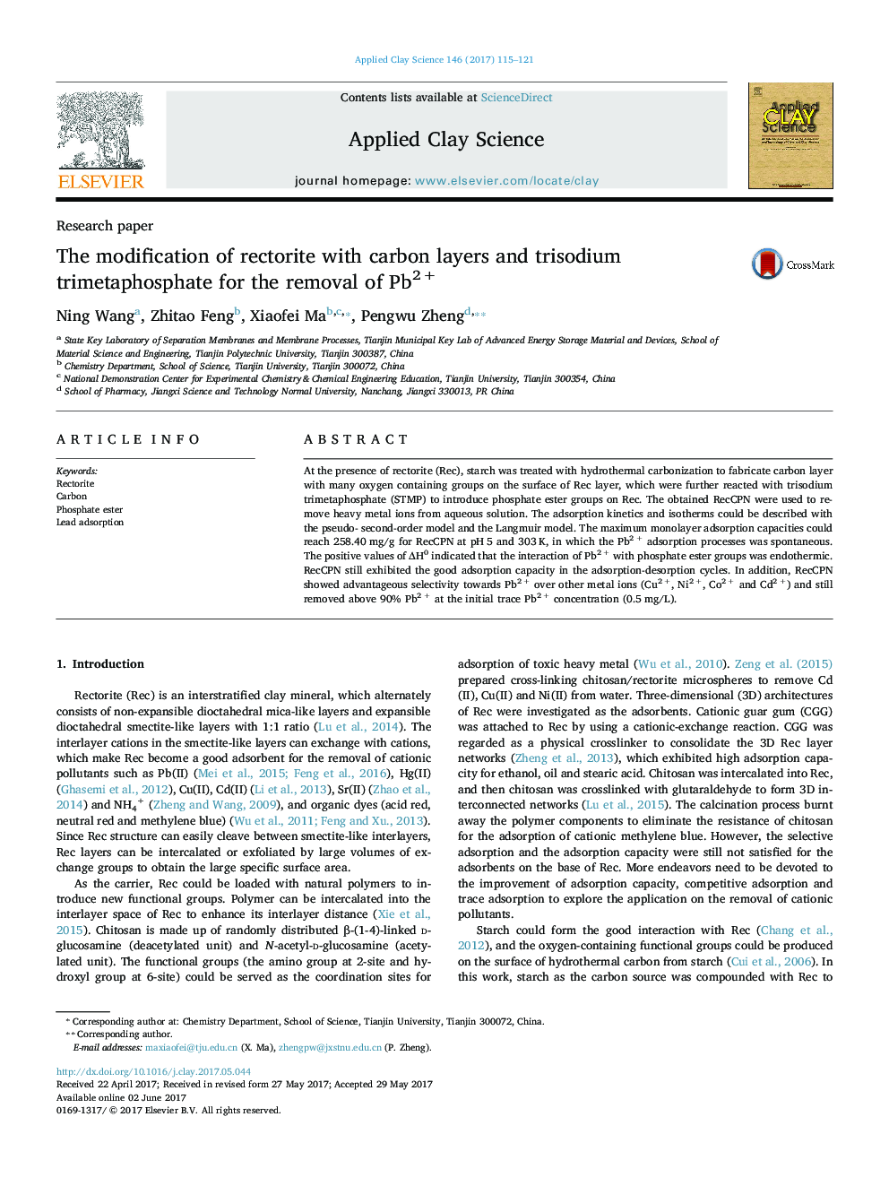 Research paperThe modification of rectorite with carbon layers and trisodium trimetaphosphate for the removal of Pb2Â +