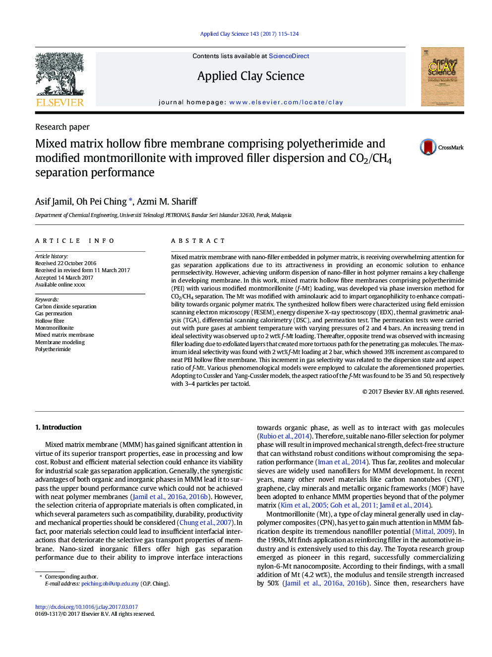 Mixed matrix hollow fibre membrane comprising polyetherimide and modified montmorillonite with improved filler dispersion and CO2/CH4 separation performance