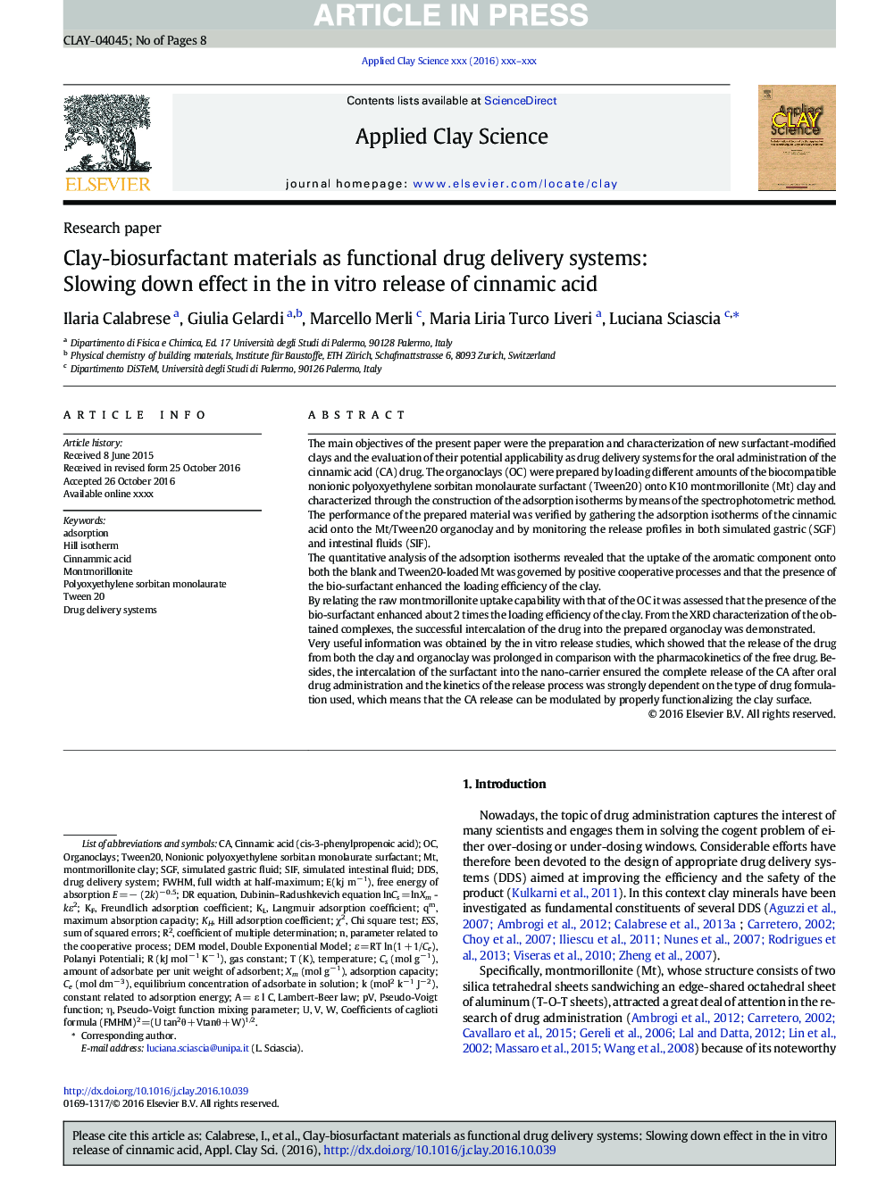 Clay-biosurfactant materials as functional drug delivery systems: Slowing down effect in the in vitro release of cinnamic acid