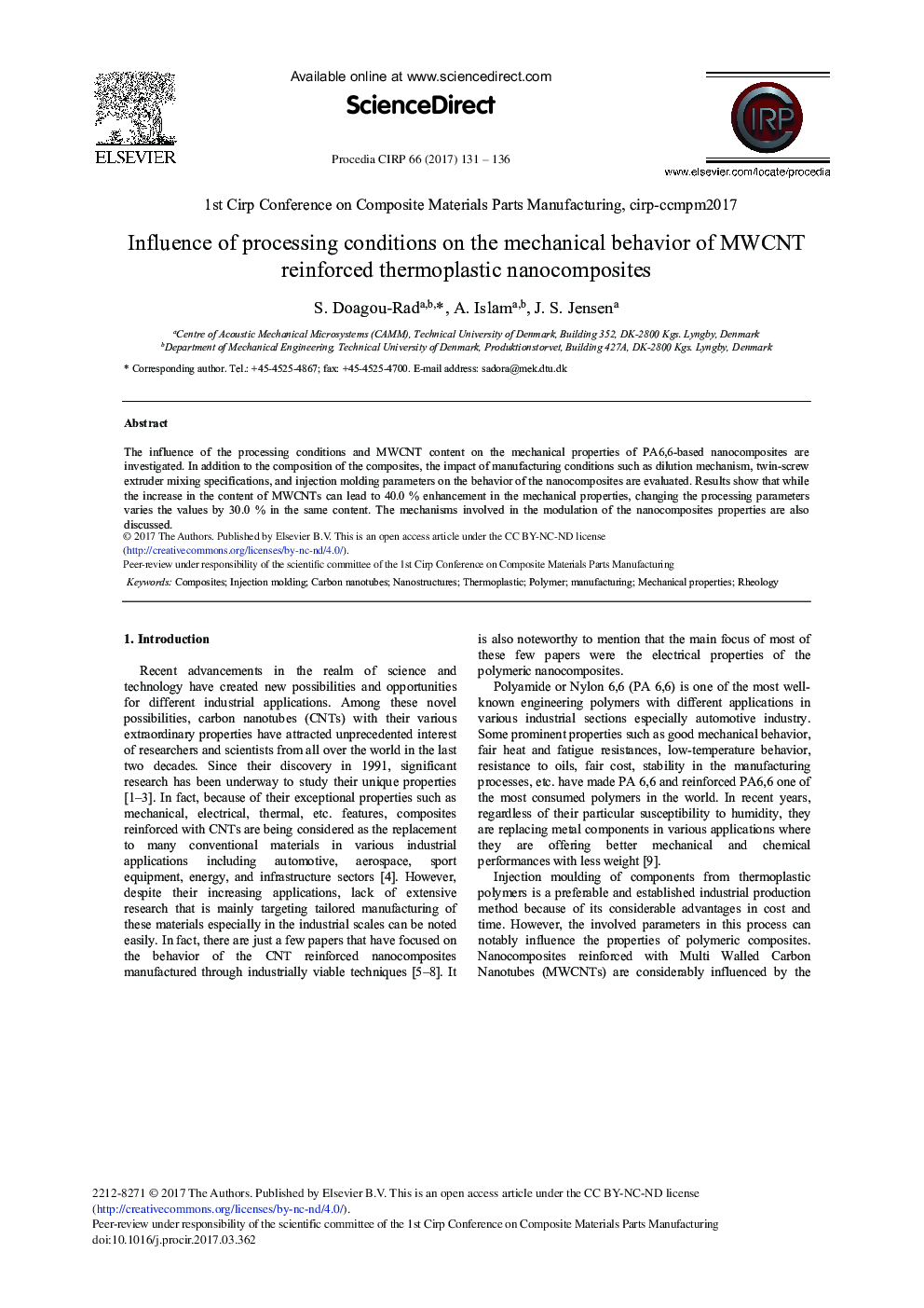 Influence of Processing Conditions on the Mechanical Behavior of MWCNT Reinforced Thermoplastic Nanocomposites