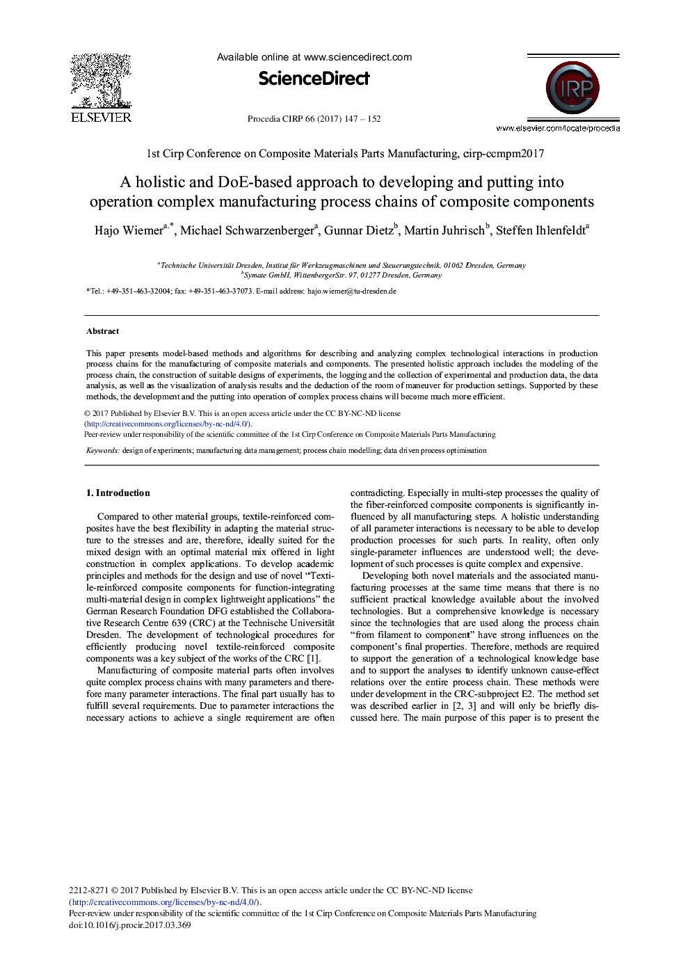 A Holistic and DoE-based Approach to Developing and Putting into Operation Complex Manufacturing Process Chains of Composite Components
