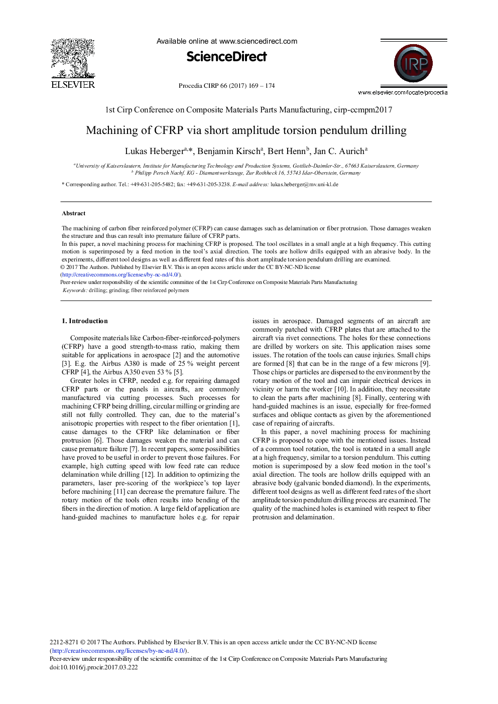 Machining of CFRP via Short Amplitude Torsion Pendulum Drilling