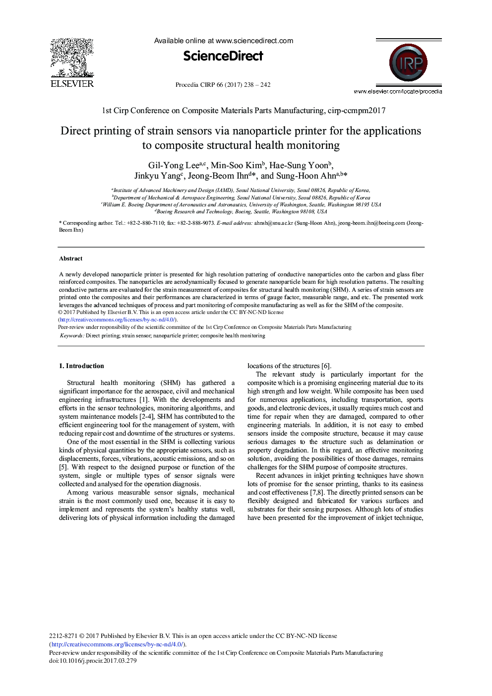 چاپ مستقیم سنسورهای فشار با استفاده از چاپگر نانوذرات برای برنامه های کاربردی برای نظارت بر سلامت سازه کامپوزیت 