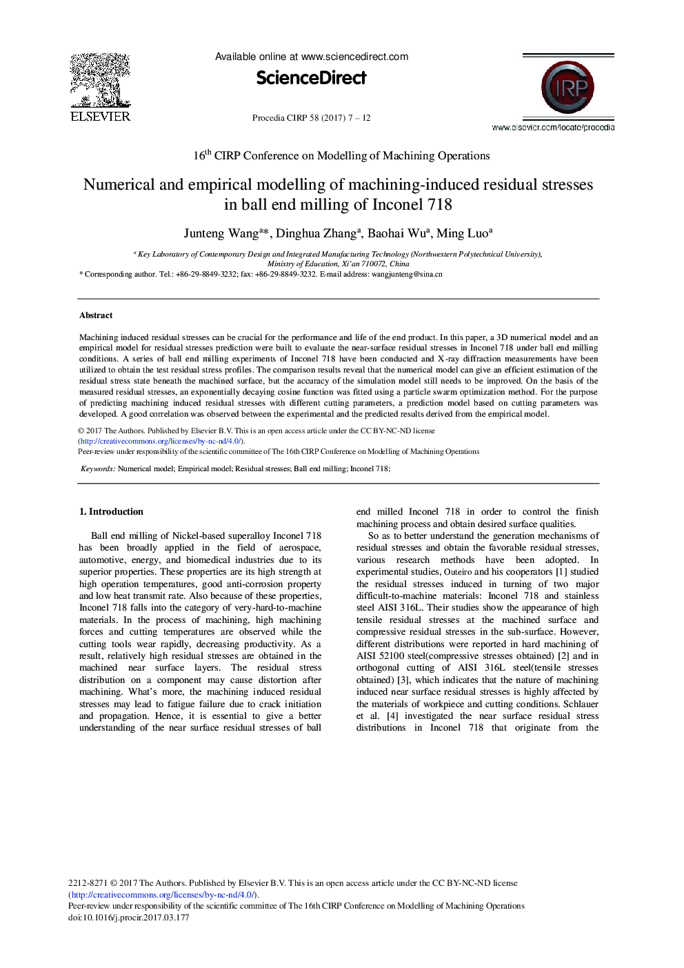 Numerical and Empirical Modelling of Machining-induced Residual Stresses in Ball end Milling of Inconel 718