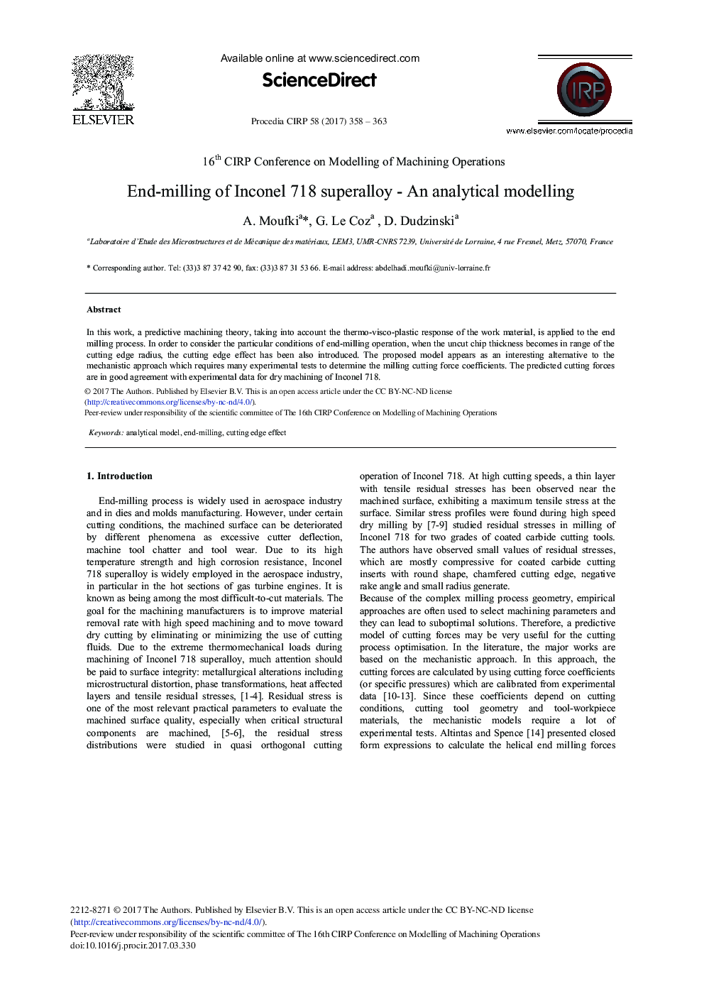 End-milling of Inconel 718 Superalloy - An Analytical Modelling
