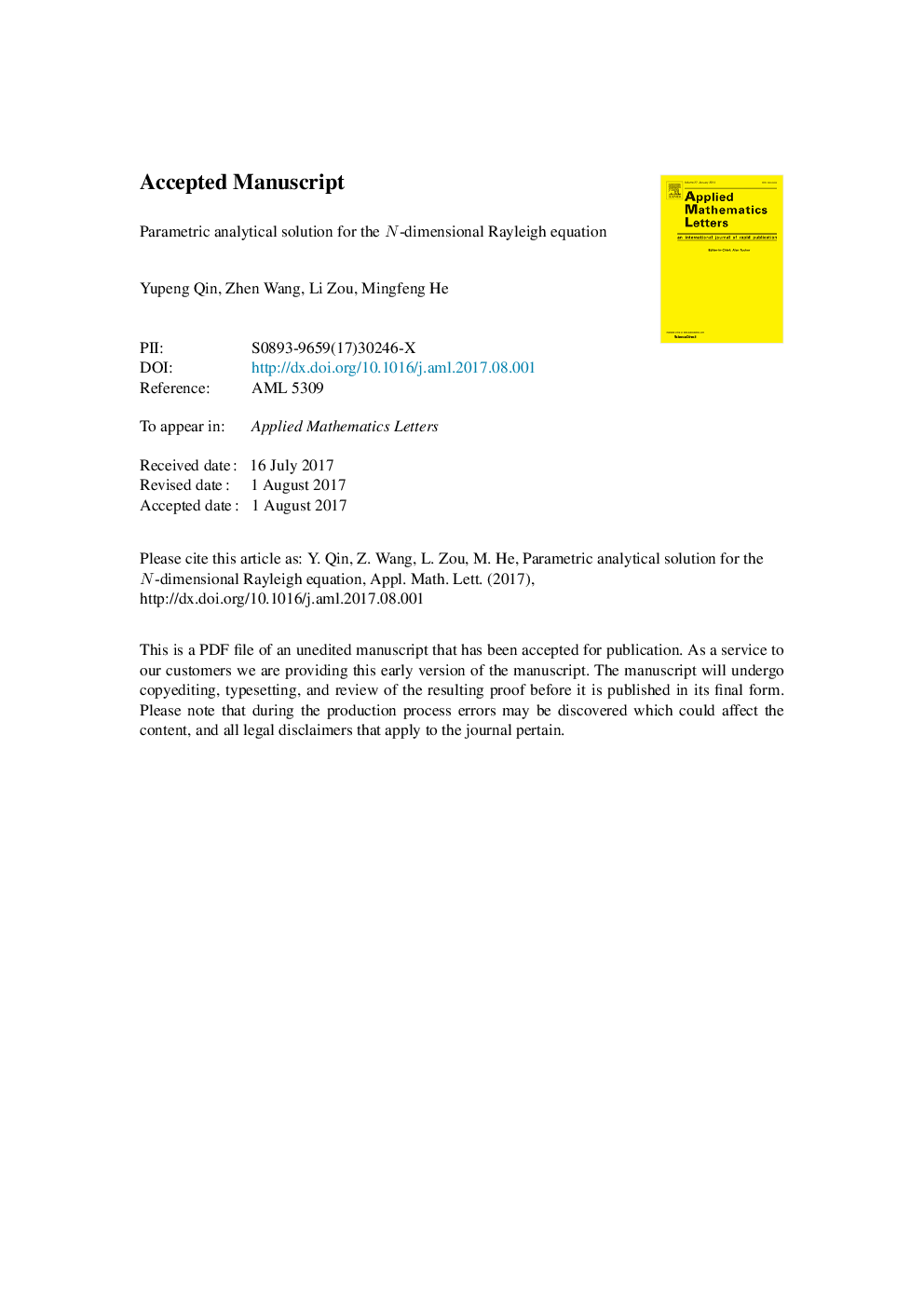 Parametric analytical solution for the N-dimensional Rayleigh equation