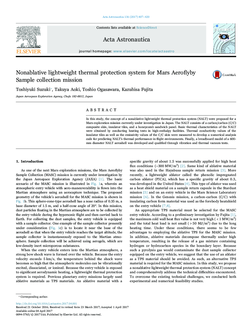 Nonablative lightweight thermal protection system for Mars Aeroflyby Sample collection mission