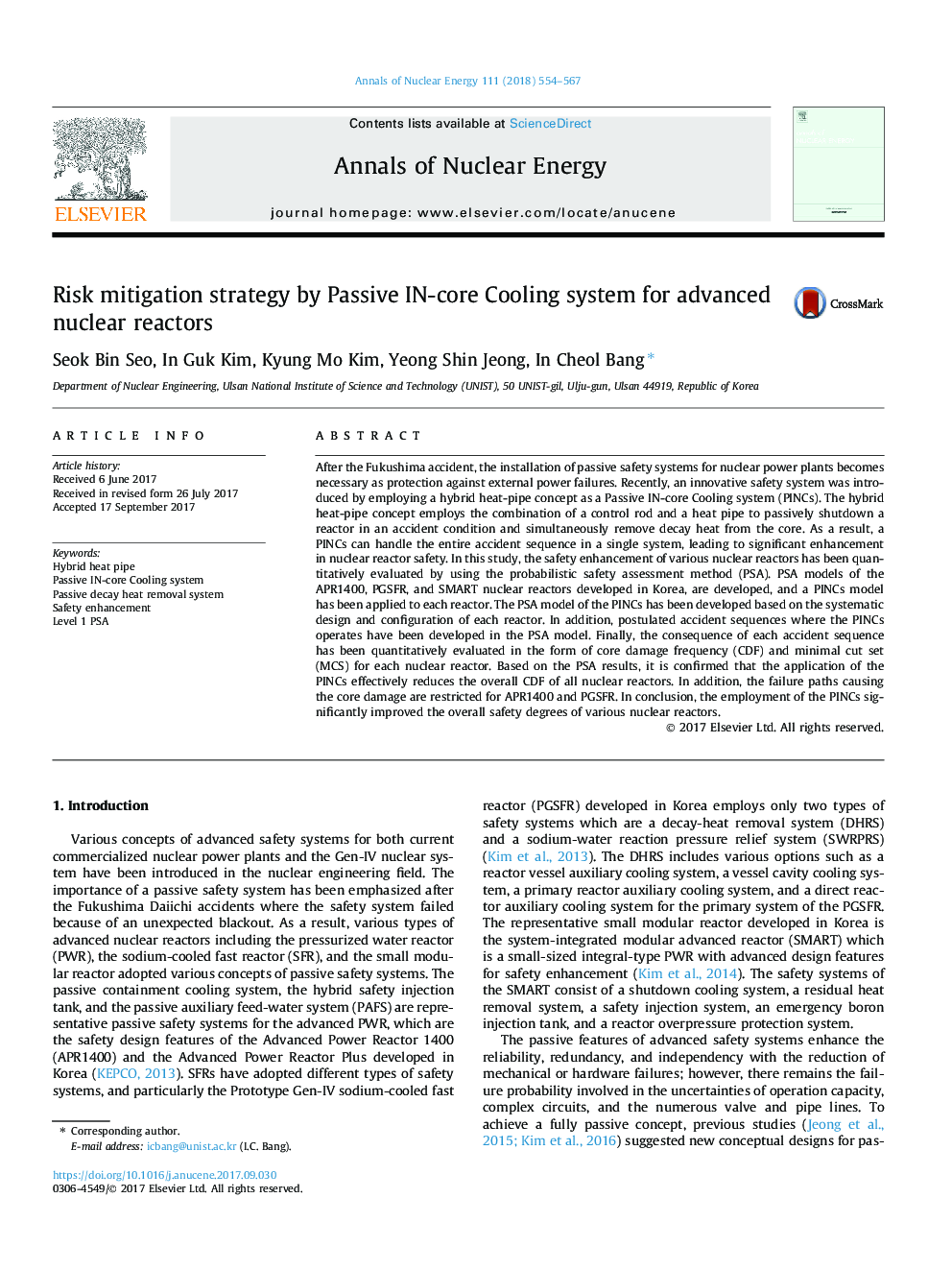 Risk mitigation strategy by Passive IN-core Cooling system for advanced nuclear reactors