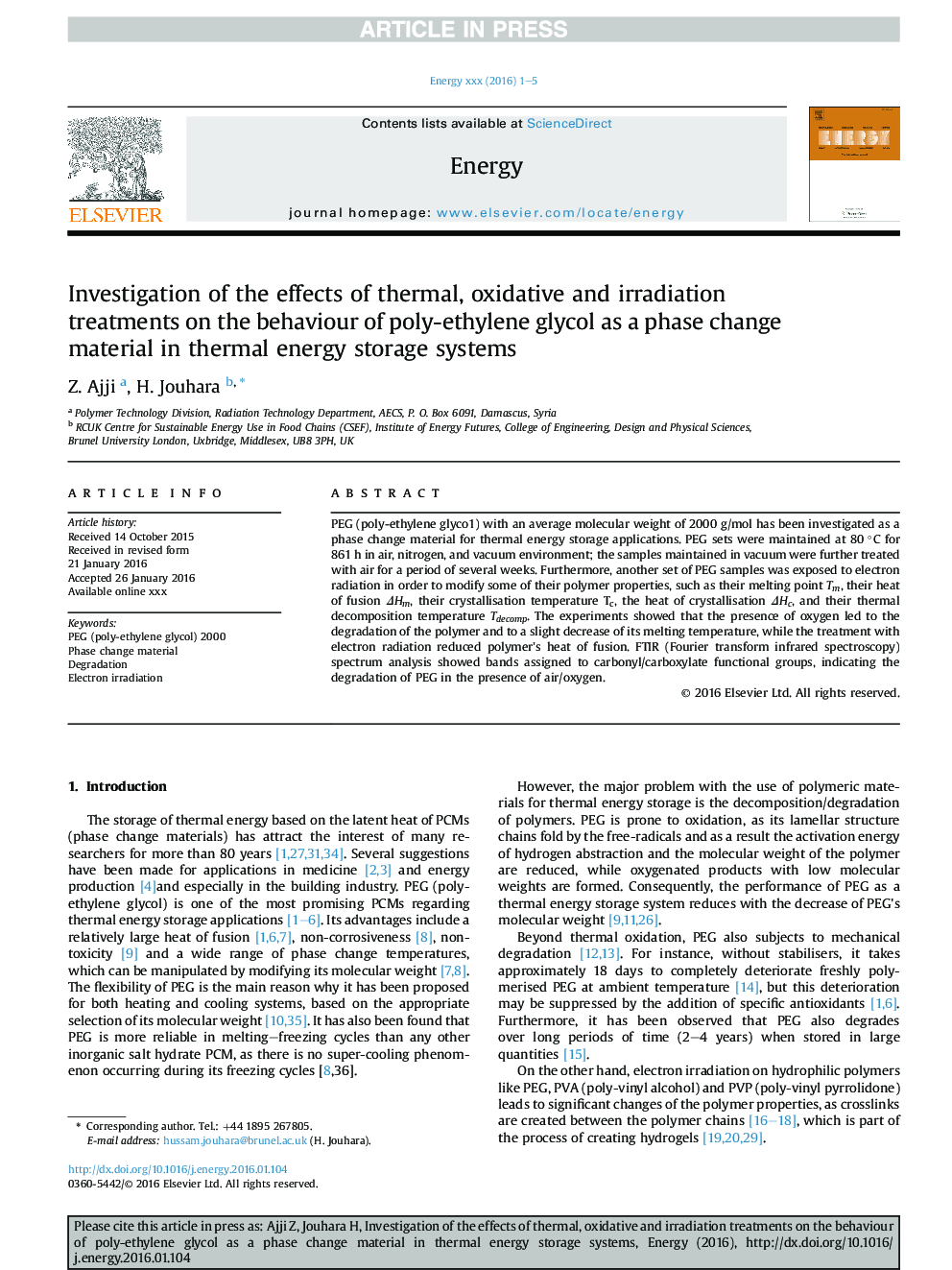 بررسی اثرات درمان های حرارتی، اکسید کننده و اشعه بر رفتار پلی اتیلن گلیکول به عنوان یک ماده تغییر فاز در سیستم های ذخیره انرژی حرارتی 