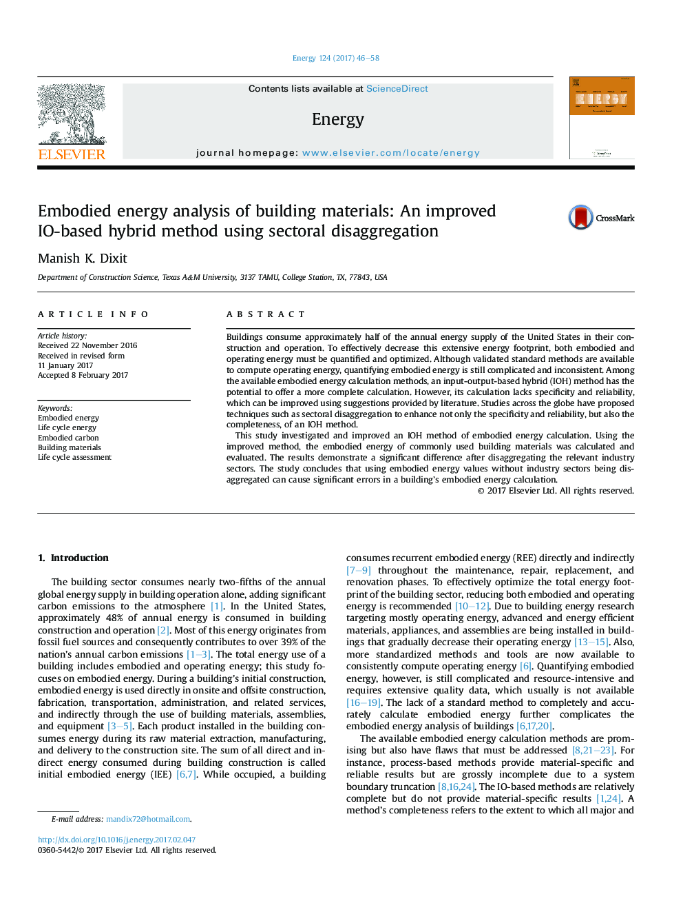 Embodied energy analysis of building materials: An improved IO-based hybrid method using sectoral disaggregation