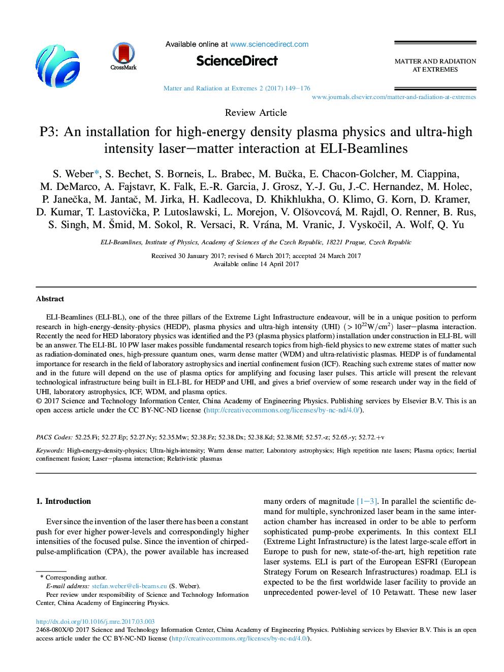 Review ArticleP3: An installation for high-energy density plasma physics and ultra-high intensity laser-matter interaction at ELI-Beamlines