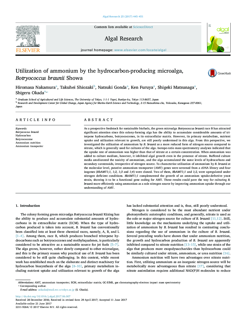 Utilization of ammonium by the hydrocarbon-producing microalga, Botryococcus braunii Showa