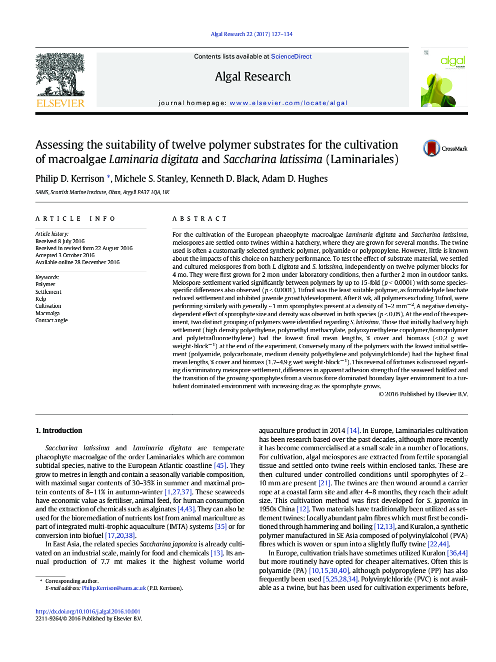 Assessing the suitability of twelve polymer substrates for the cultivation of macroalgae Laminaria digitata and Saccharina latissima (Laminariales)