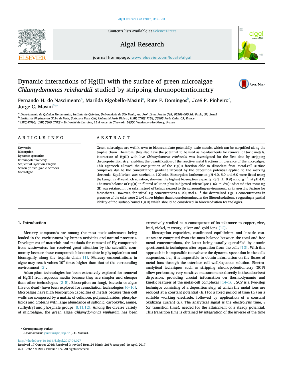 Dynamic interactions of Hg(II) with the surface of green microalgae Chlamydomonas reinhardtii studied by stripping chronopotentiometry