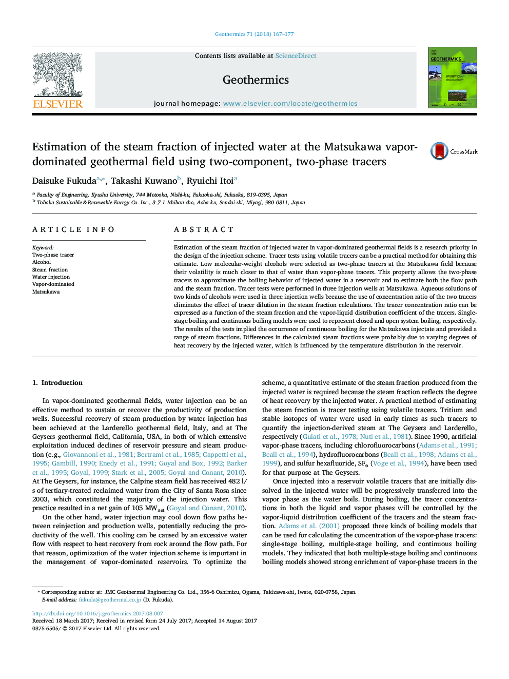 Estimation of the steam fraction of injected water at the Matsukawa vapor-dominated geothermal field using two-component, two-phase tracers