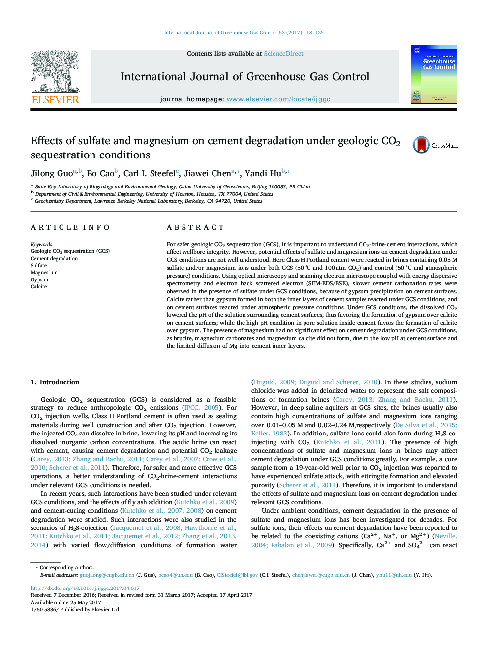 Effects of sulfate and magnesium on cement degradation under geologic CO2 sequestration conditions