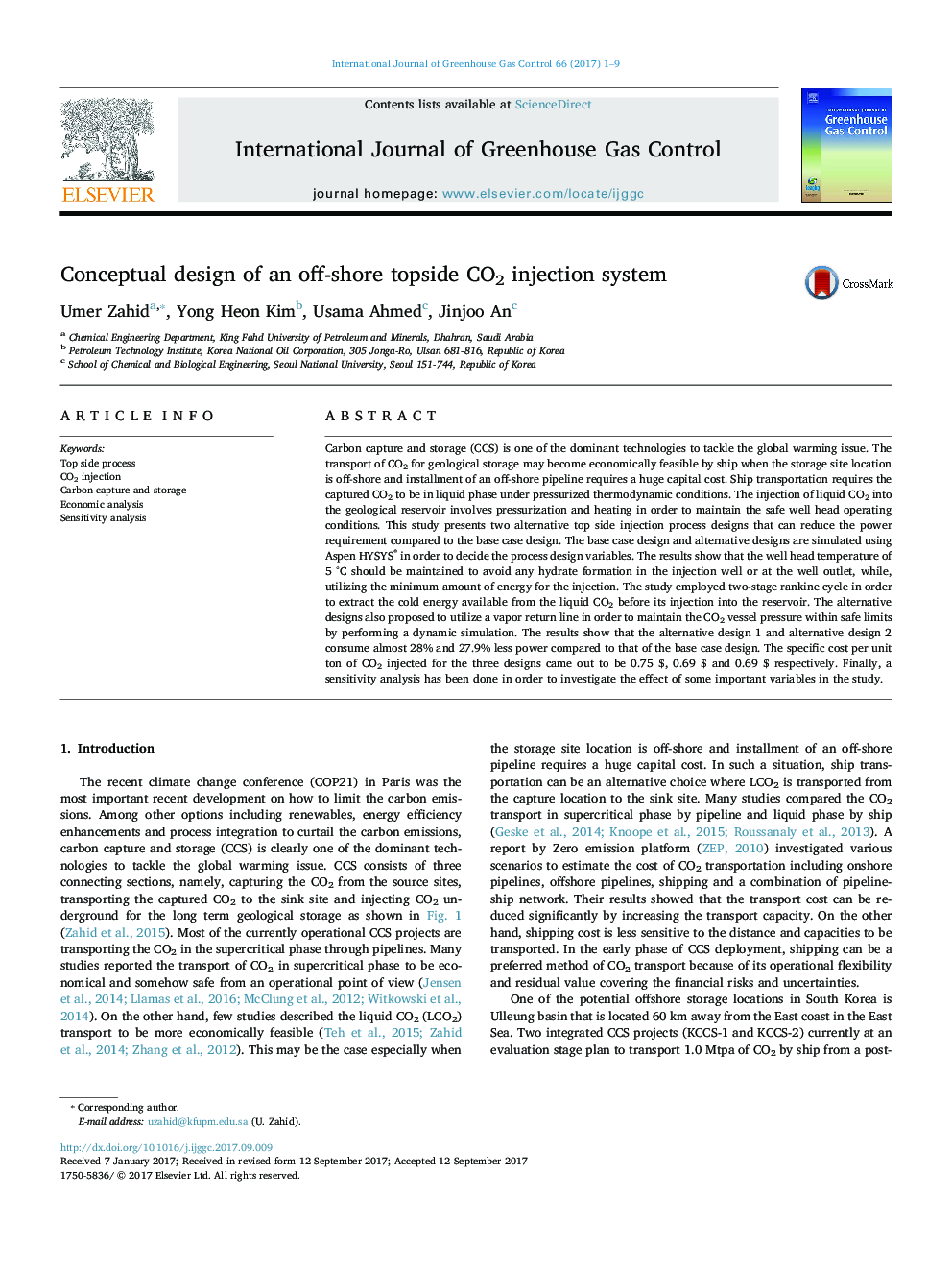 Conceptual design of an off-shore topside CO2 injection system