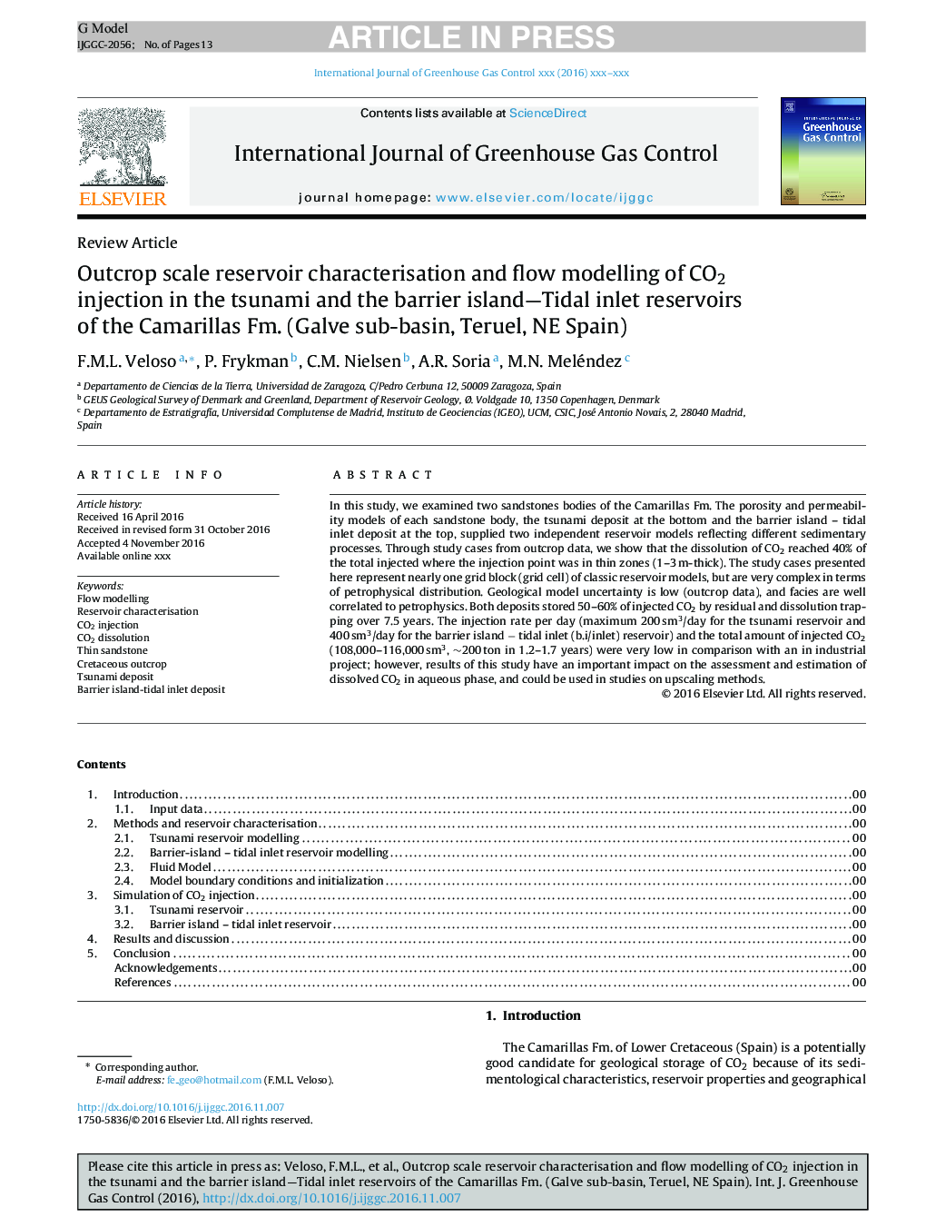 Outcrop scale reservoir characterisation and flow modelling of CO2 injection in the tsunami and the barrier island-Tidal inlet reservoirs of the Camarillas Fm. (Galve sub-basin, Teruel, NE Spain)